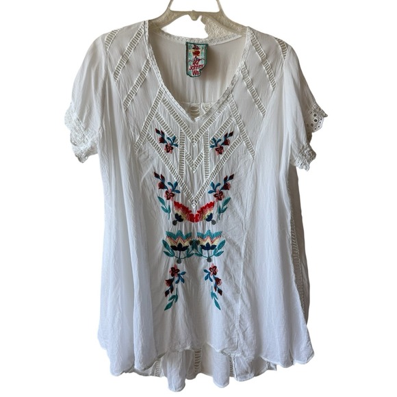 Johnny Was Tops - JOHNNY WAS Vara White Embroidered Eyelet Blouse M Cupra Rayon Boho Floral Top